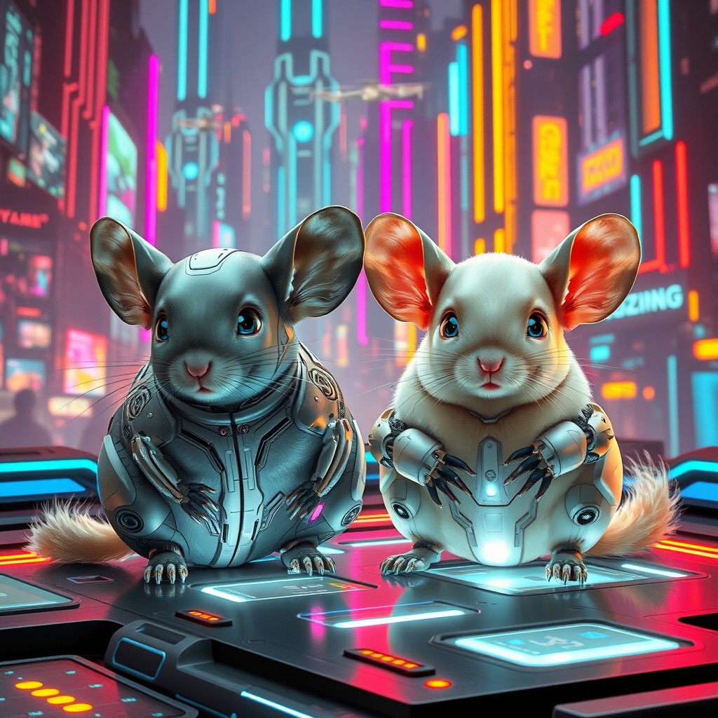 A futuristic scene featuring two cyber chinchillas, one with a sleek grey metallic body and intricate circuitry patterns, and the other with a soft cream-colored metallic sheen, exhibiting advanced technological enhancements