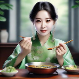 A hyper-realistic digital art of a stunningly beautiful Korean woman, delicately savoring frog soup