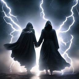 A mysterious man in a black hooded robe, his aura wings illuminated like lightning, standing boldly against a backdrop of a tempestuous thunderstorm.