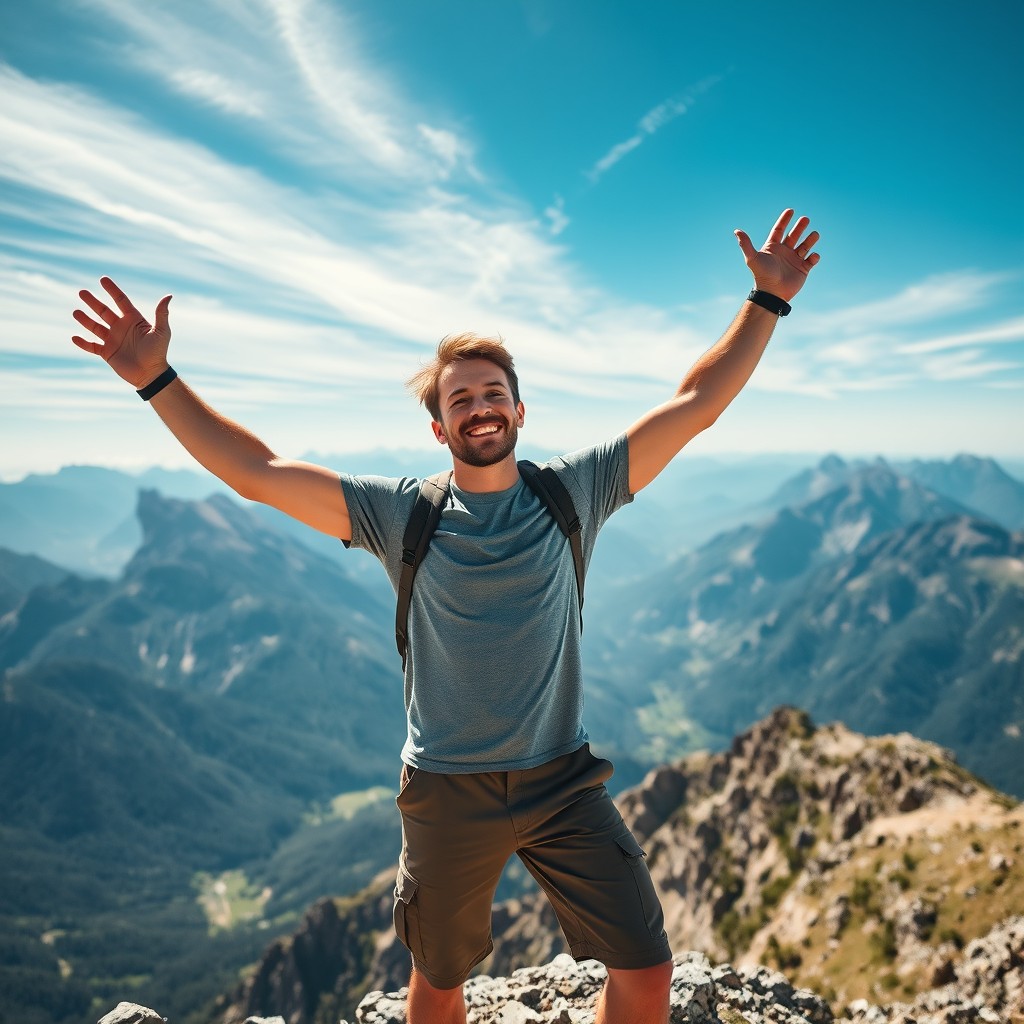 A triumphant man standing at the summit of a majestic mountain, arms raised in celebration, basking in the sunlight