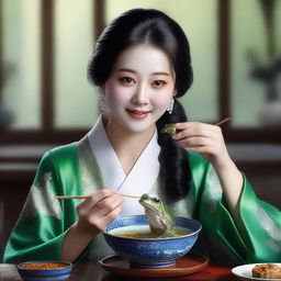 A hyper-realistic digital art of a stunningly beautiful Korean woman, delicately savoring frog soup