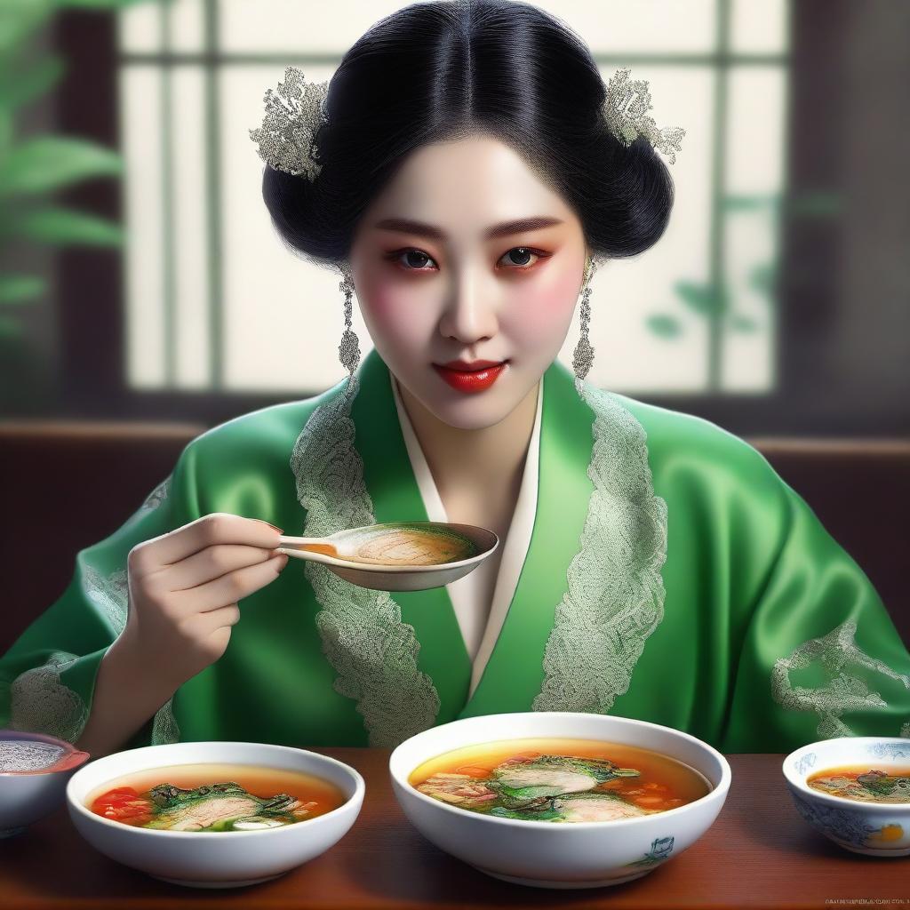 A hyper-realistic digital art of a stunningly beautiful Korean woman, delicately savoring frog soup