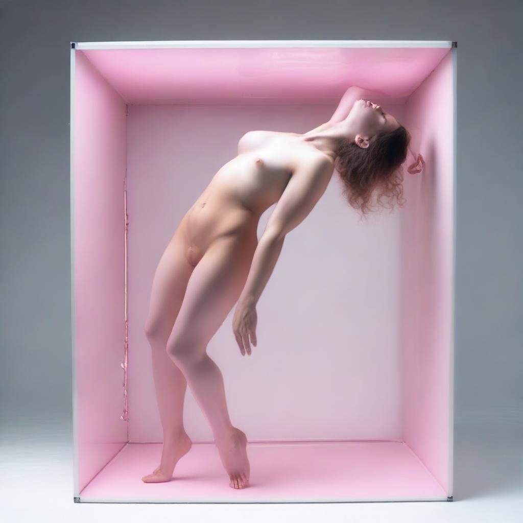 This high-resolution photograph, taken with a Nikon Reflex camera, showcases a young, naturally soft woman in her full nudity, walking upside down in a white translucent box