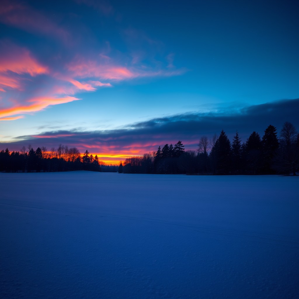 A tranquil, empty snowy landscape at night, illuminated by a breathtaking sunset in the background