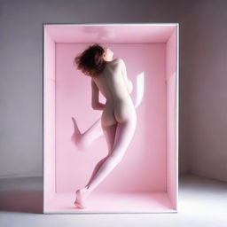 This high-resolution photograph, taken with a Nikon Reflex camera, showcases a young, naturally soft woman in her full nudity, walking upside down in a white translucent box