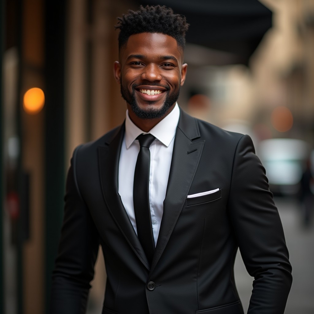 A striking portrait of a handsome Black man in a tailored black suit, exuding confidence and charisma