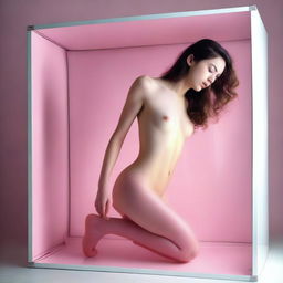 This high-resolution photograph, taken with a Nikon Reflex camera, showcases a young, naturally soft woman in her full nudity, walking upside down in a white translucent box