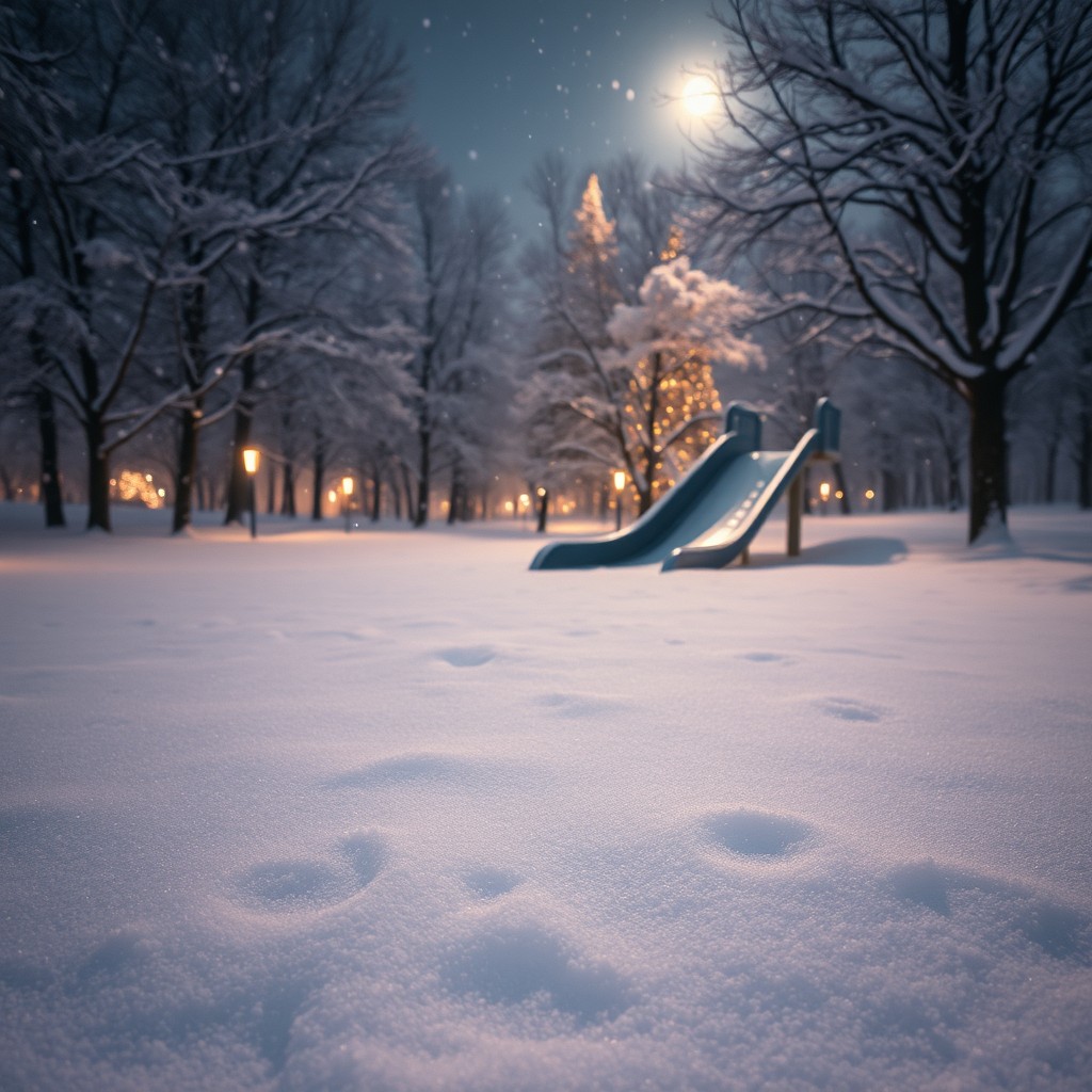 A serene and enchanting snow-covered liminal space during a snowy night, featuring softly falling snowflakes creating a magical atmosphere
