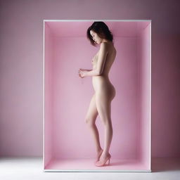 This high-resolution photograph, taken with a Nikon Reflex camera, showcases a young, naturally soft woman in her full nudity, walking upside down in a white translucent box