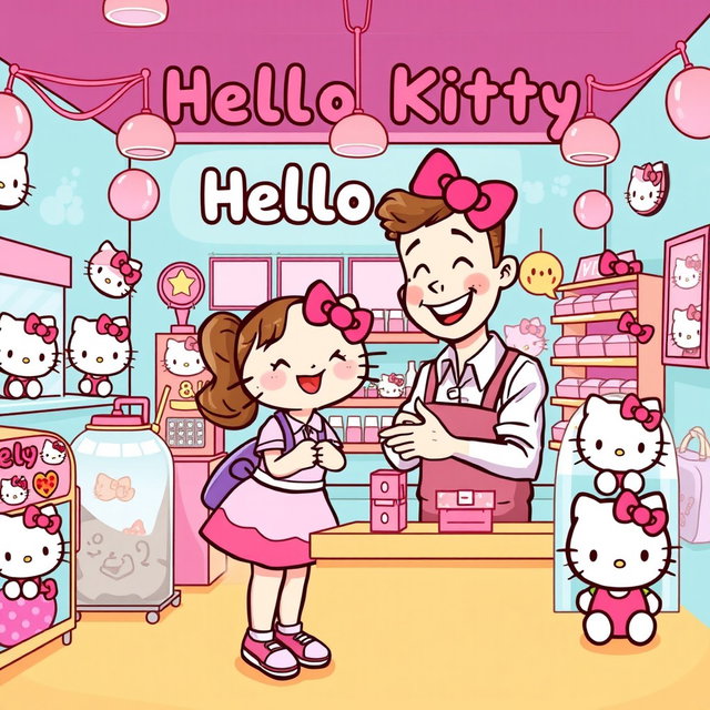 A vibrant and cheerful illustration of a business setting featuring a delightful Hello Kitty theme