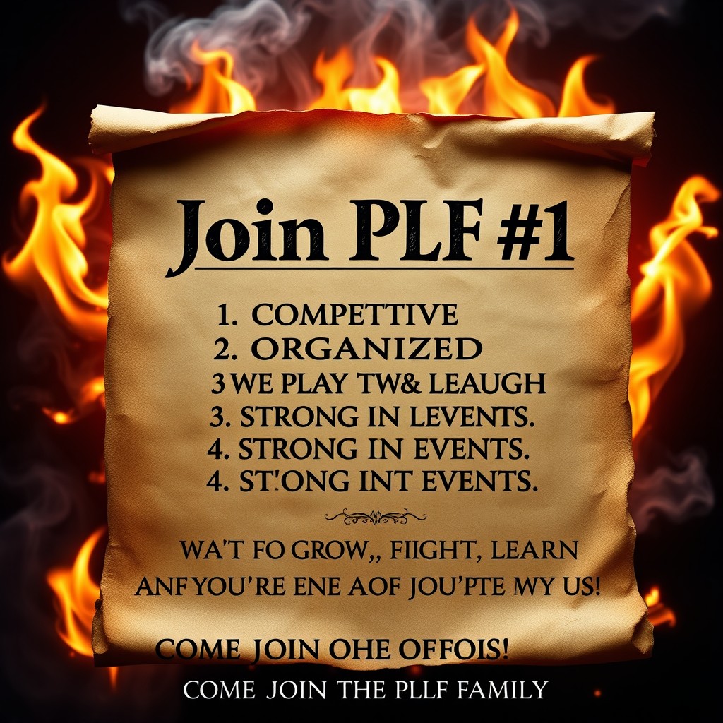 A burning parchment scroll with a visually striking header that reads "STATE 2270 Join PLF #1"