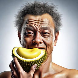 An ultra-high-quality hyper-realistic digital art depicting a person boldly consuming an entire durian skin