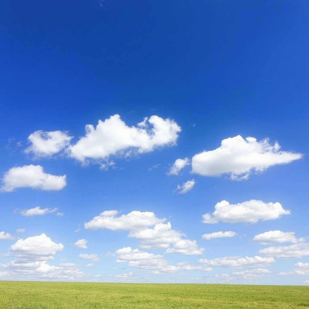 A serene landscape featuring a vast blue sky scattered with fluffy white clouds, showcasing a tranquil liminal space
