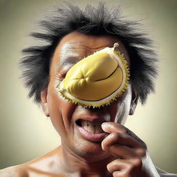 An ultra-high-quality hyper-realistic digital art depicting a person boldly consuming an entire durian skin