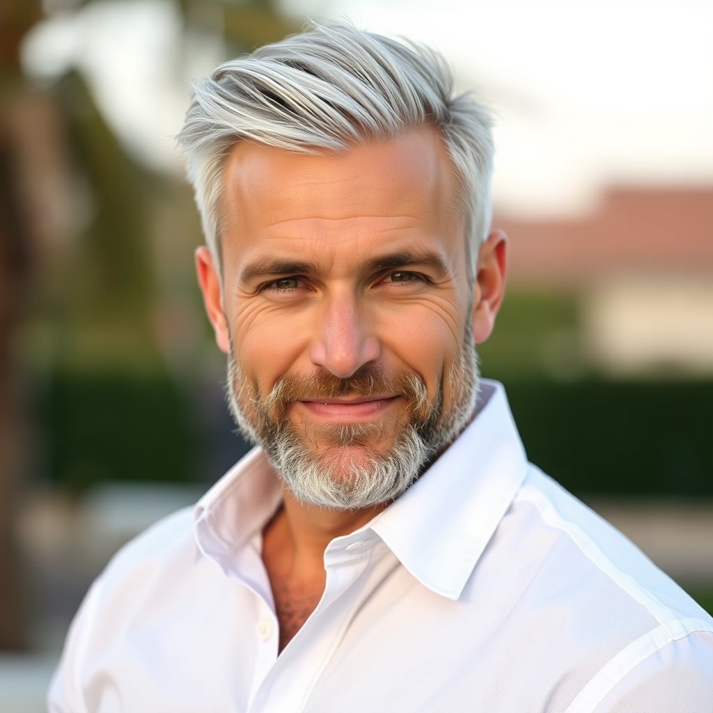 A hot and handsome 40-year-old man with a stylish beard and a touch of white hair, wearing a crisp white shirt