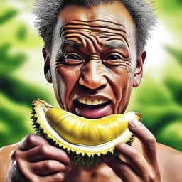 An ultra-high-quality hyper-realistic digital art depicting a person boldly consuming an entire durian skin