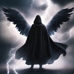 A mysterious man in a black hooded robe, his aura wings illuminated like lightning, standing boldly against a backdrop of a tempestuous thunderstorm.