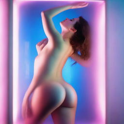 This high-resolution photograph, captured with a Nikon Reflex camera, features a young woman in full nudity, breaking through a blue glass wall in a white translucent box