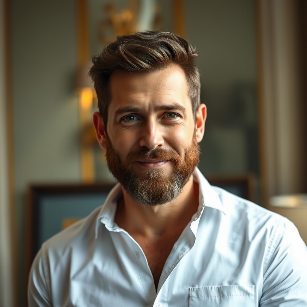 A 40-year-old man with a full beard, exuding a hot and handsome aura