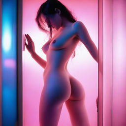 This high-resolution photograph, captured with a Nikon Reflex camera, features a young woman in full nudity, breaking through a blue glass wall in a white translucent box