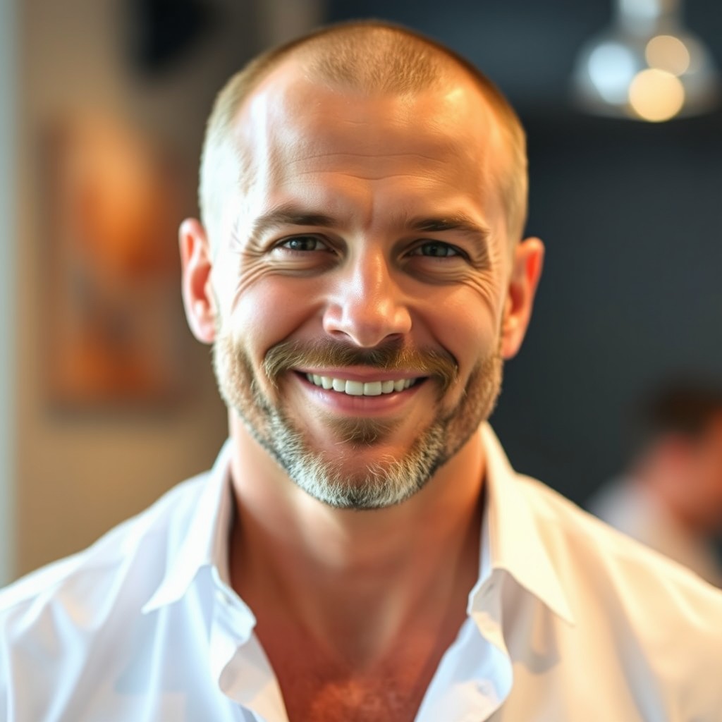 A hot and handsome 40-year-old man with a well-groomed beard, wearing a crisp white shirt