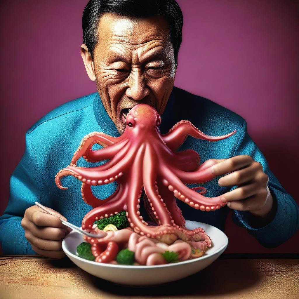 A high-quality hyper-realistic digital art showcasing a Chinese individual eating a live octopus in a bowl