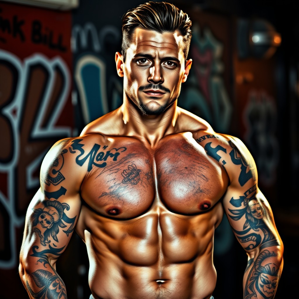 A 40-year-old man, incredibly hot and handsome, with a muscular physique and striking tattoos covering his arms and chest