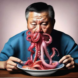 A high-quality hyper-realistic digital art showcasing a Chinese individual eating a live octopus in a bowl