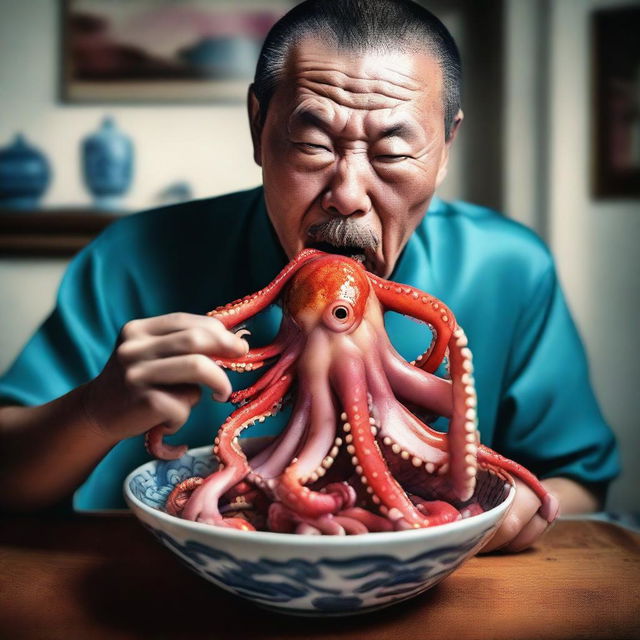 A high-quality hyper-realistic digital art showcasing a Chinese individual eating a live octopus in a bowl