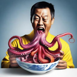 A high-quality hyper-realistic digital art showcasing a Chinese individual eating a live octopus in a bowl