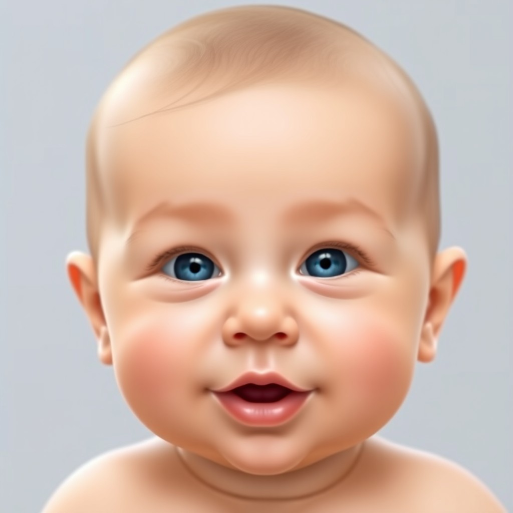 A digitally rendered image of a baby featuring a unique blend of two faces, showcasing harmonious and symmetrical features