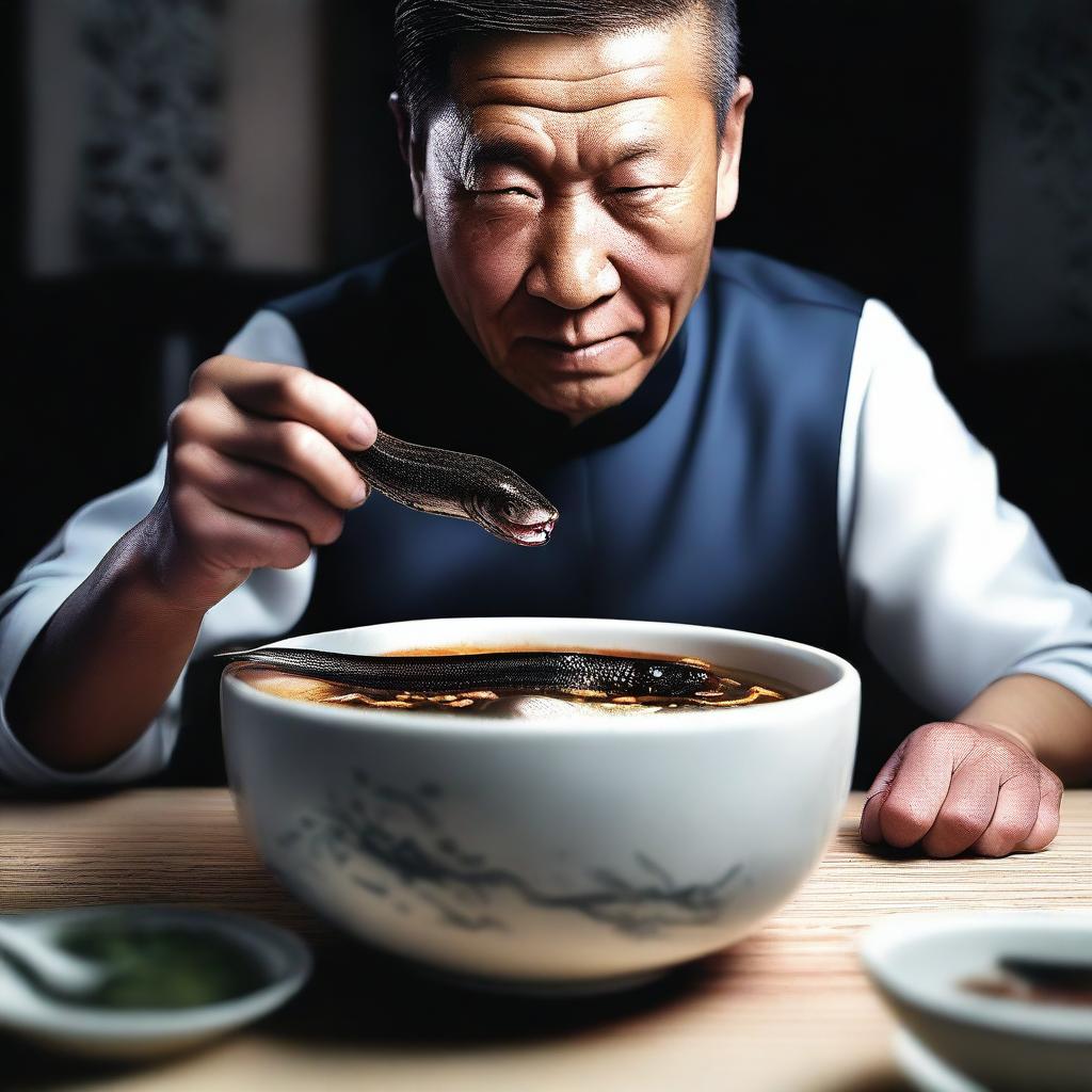 A hyper-realistic digital art of the highest quality, capturing a Chinese individual consuming a live eel in a bowl