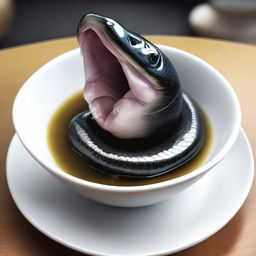 A hyper-realistic digital art of the highest quality, capturing a Chinese individual consuming a live eel in a bowl