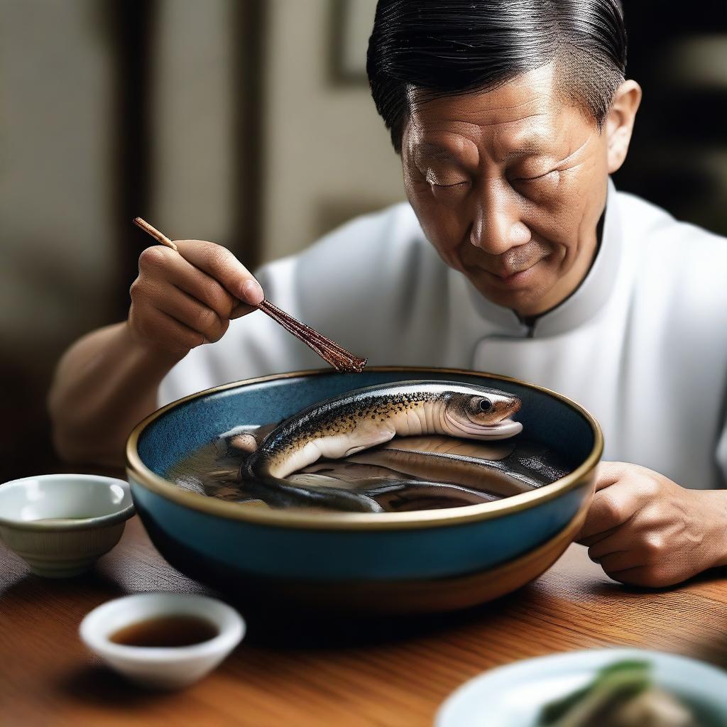 A hyper-realistic digital art of the highest quality, capturing a Chinese individual consuming a live eel in a bowl