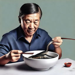 A hyper-realistic digital art of the highest quality, capturing a Chinese individual consuming a live eel in a bowl