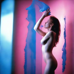 A high-resolution photograph, taken with a Nikon Reflex camera, showcases a young woman in full nudity, breaking a blue glass wall with a hammer