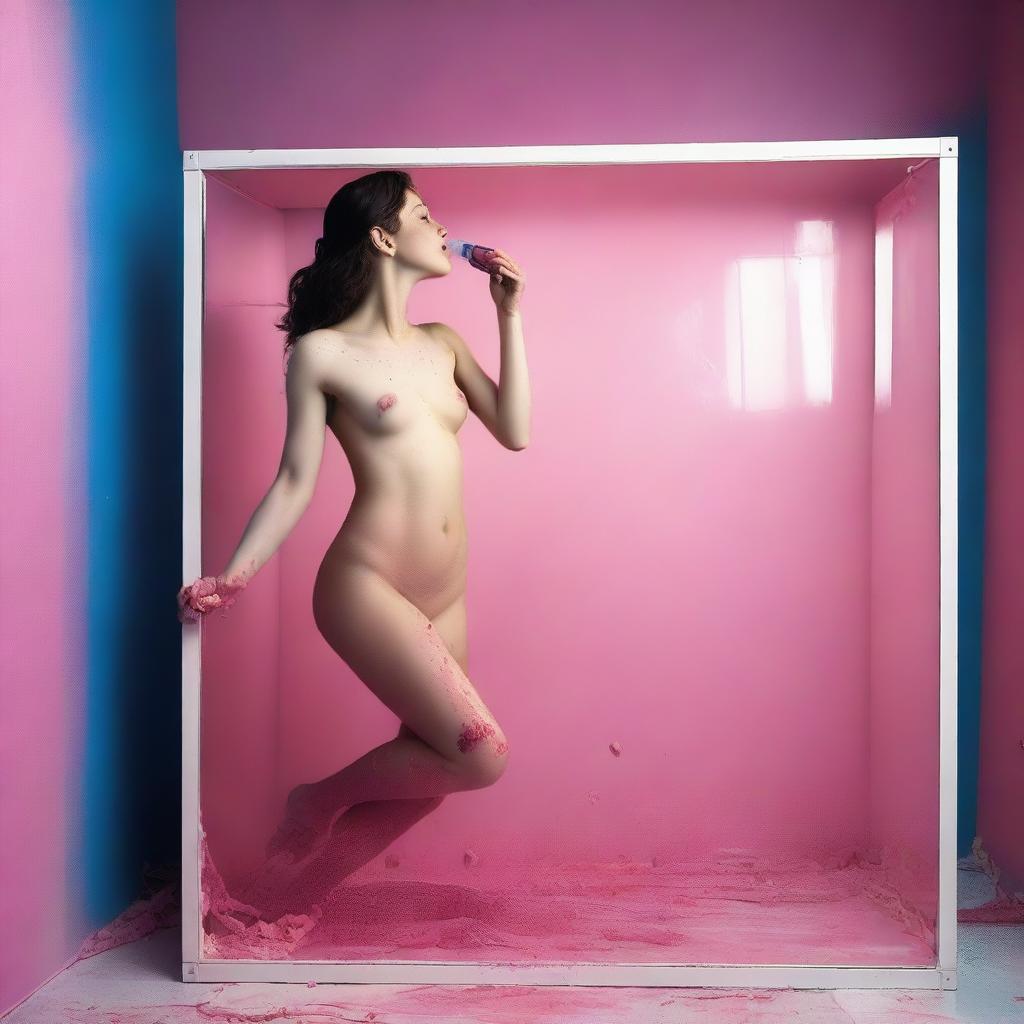 A high-resolution photograph, taken with a Nikon Reflex camera, showcases a young woman in full nudity, breaking a blue glass wall with a hammer