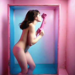 A high-resolution photograph, taken with a Nikon Reflex camera, showcases a young woman in full nudity, breaking a blue glass wall with a hammer