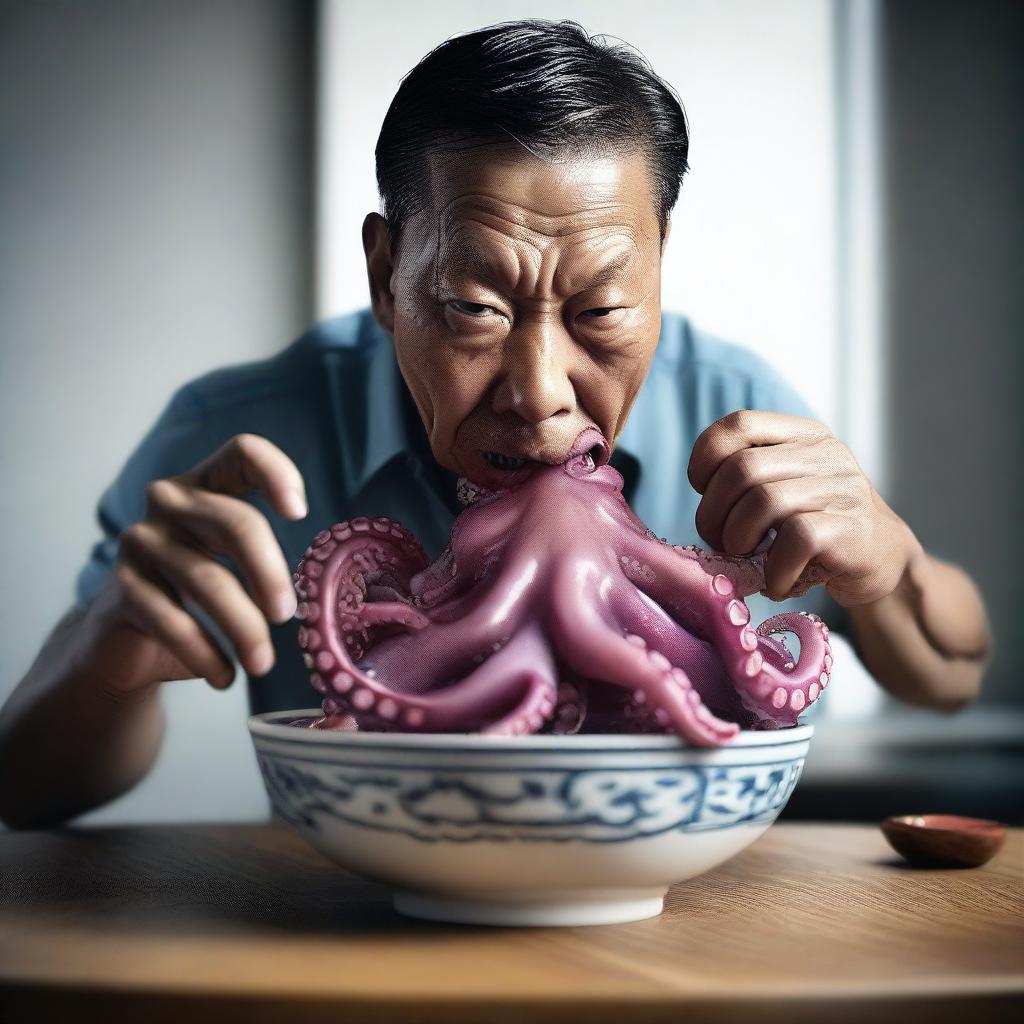 A hyper-realistic digital art piece of exceptional quality, illustrating a Chinese individual consuming a writhing octopus in a bowl