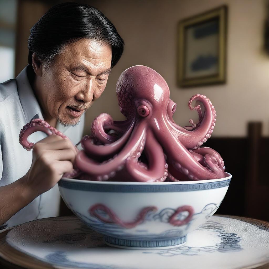 A hyper-realistic digital art piece of exceptional quality, illustrating a Chinese individual consuming a writhing octopus in a bowl