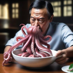 A hyper-realistic digital art piece of exceptional quality, illustrating a Chinese individual consuming a writhing octopus in a bowl