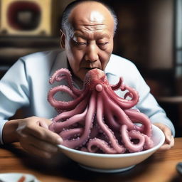 A hyper-realistic digital art piece of exceptional quality, illustrating a Chinese individual consuming a writhing octopus in a bowl