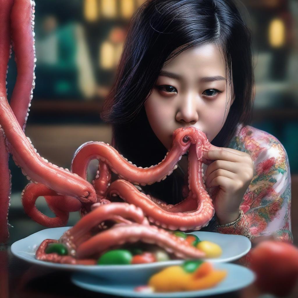 An exquisite hyper-realistic digital art piece, portraying a Chinese girl consuming a live octopus