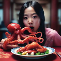 An exquisite hyper-realistic digital art piece, portraying a Chinese girl consuming a live octopus