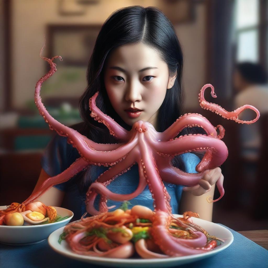 An exquisite hyper-realistic digital art piece, portraying a Chinese girl consuming a live octopus