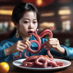 An exquisite hyper-realistic digital art piece, portraying a Chinese girl consuming a live octopus