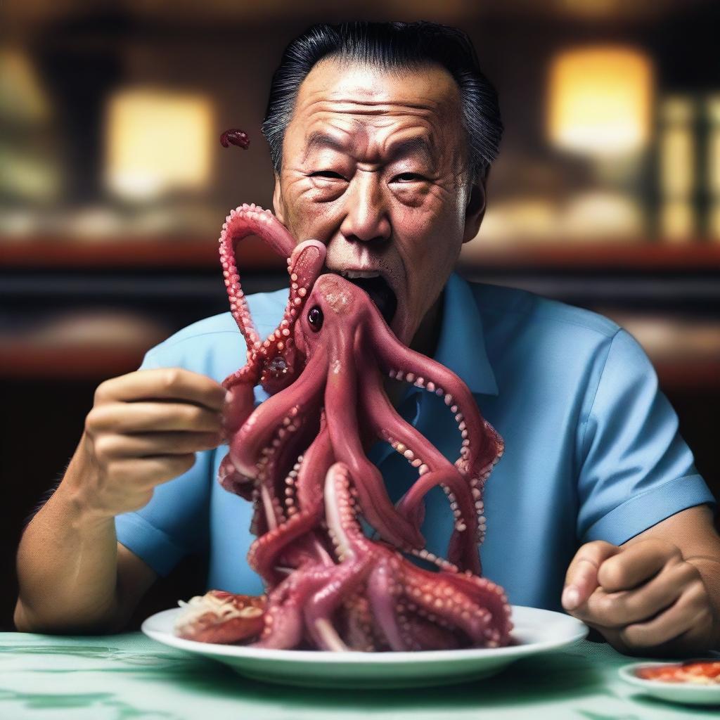 A hyper-realistic digital art piece of superior quality, showcasing a Chinese man eating a live octopus