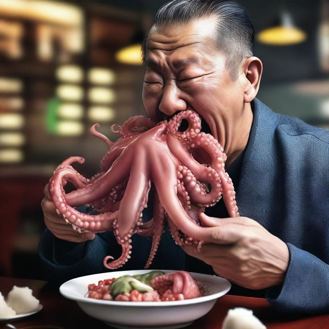 A hyper-realistic digital art piece of superior quality, showcasing a Chinese man eating a live octopus