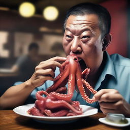 A hyper-realistic digital art piece of superior quality, showcasing a Chinese man eating a live octopus