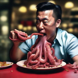 A hyper-realistic digital art piece of superior quality, showcasing a Chinese man eating a live octopus